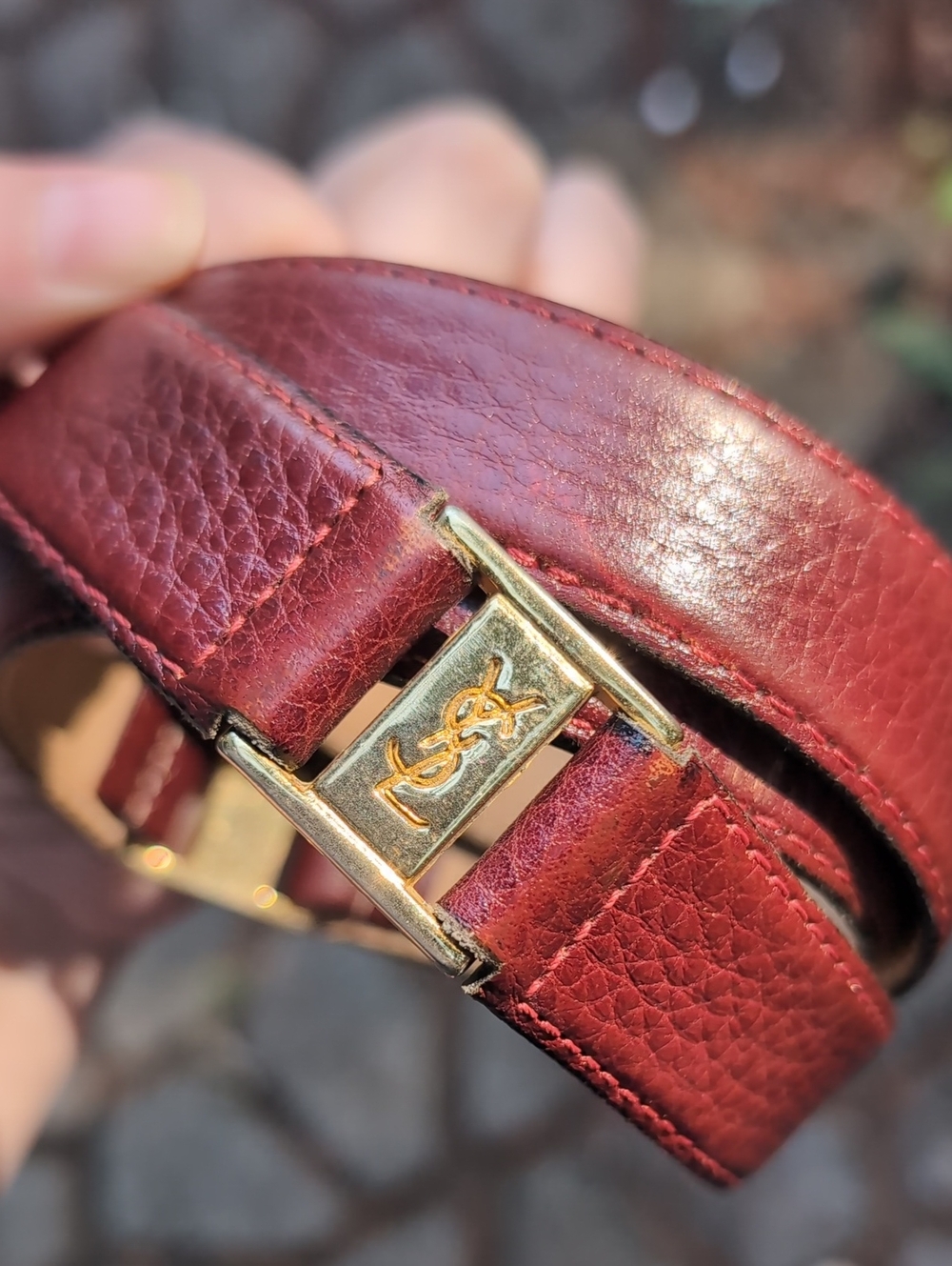 Double Logo Gold Yves Saint Laurent Brown Leather Belt with Gold Accent